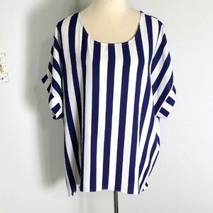 Umgee Navy & White Striped High-Low Oversized Top, Batwing Sleeves, Size XL